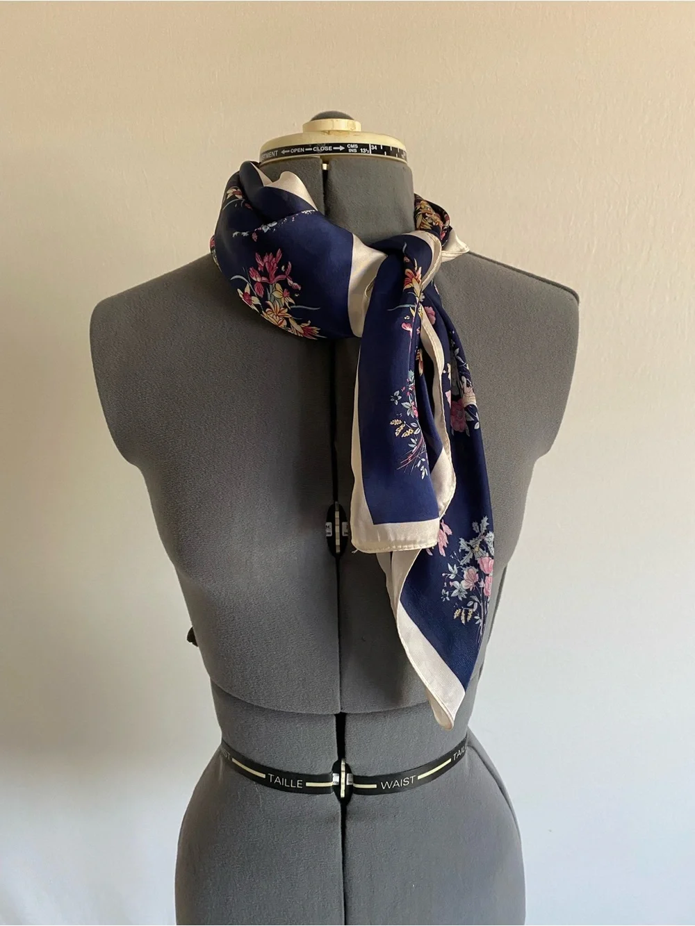 Navy Floral Silk-Feel Scarf with Ivory Border